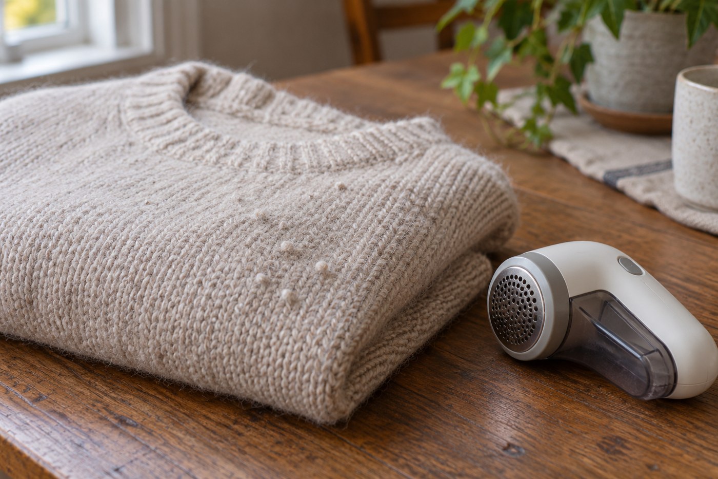 Pilled knitwear beside a fabric shaver