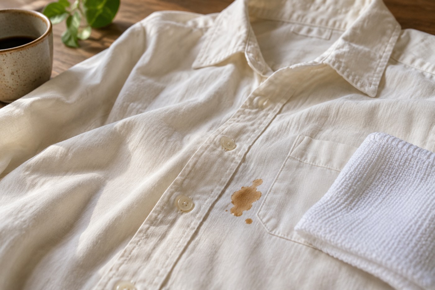 Coffee stain on a shirt beside a clean cloth